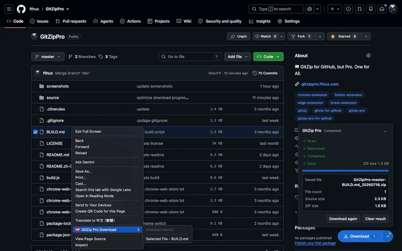 GitZip Pro checkboxes in a GitHub repository file list with the download button visible