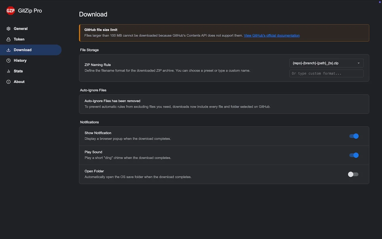 GitZip Pro download settings with ZIP naming, complete-selection downloads, and notification preferences